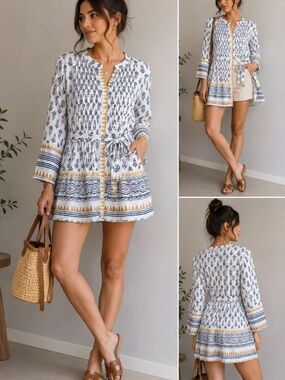 Rhea Handmade Cotton Boho Tunic Top Mini Dress Blue White Print Sz L/XL NWT